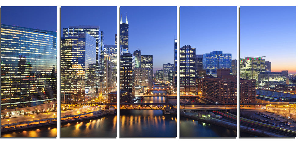 "Chicago River With Bridges at Sunset" Canvas Print60"x28", 5-Panels