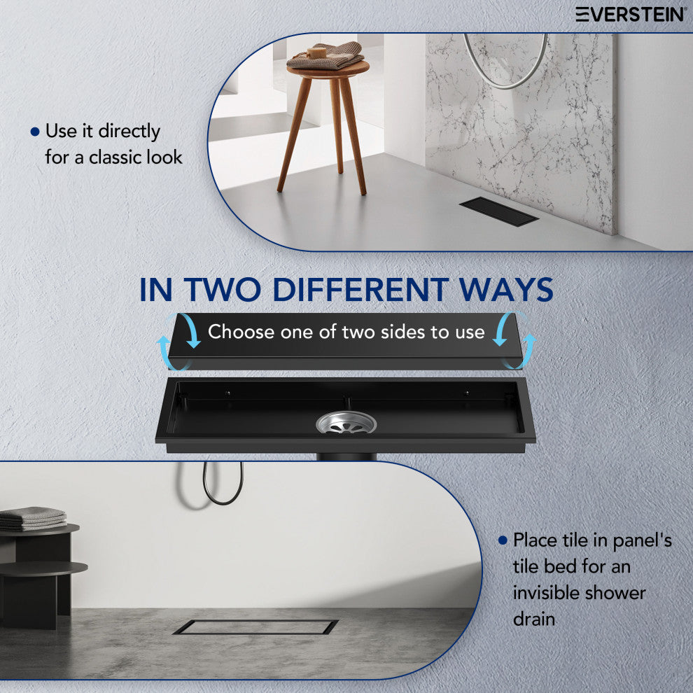 Linear Shower Drain with Hair Strainer and Reversible Tile Insert Cover, Matte Black