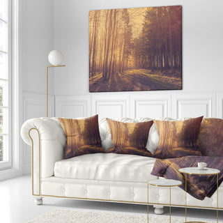 Pine Tree Forest by Road Landscape Photo Throw Pillow, 16"x16"