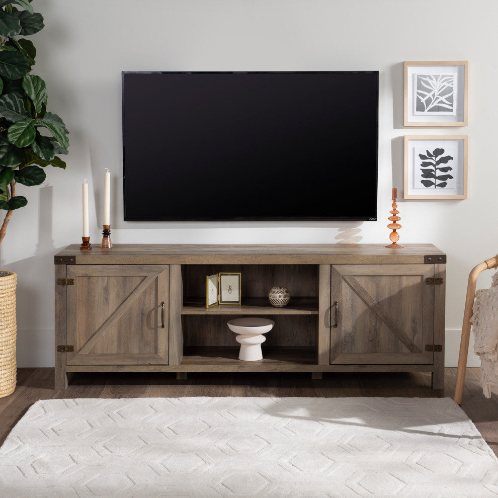 70" Farmhouse TV Stand with Barn Doors, Gray Wash