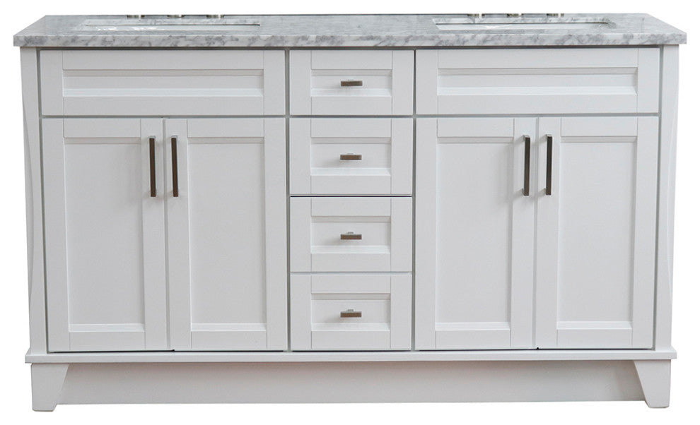 61" Double Sink Vanity, White Finish And White Carrara Marble