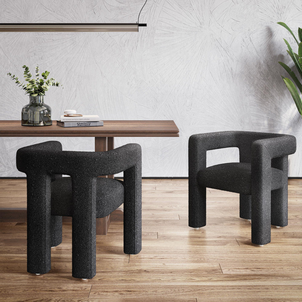 Boucle Chair, Linen Dining Chair with Barrel Sidearms and Back (Black)