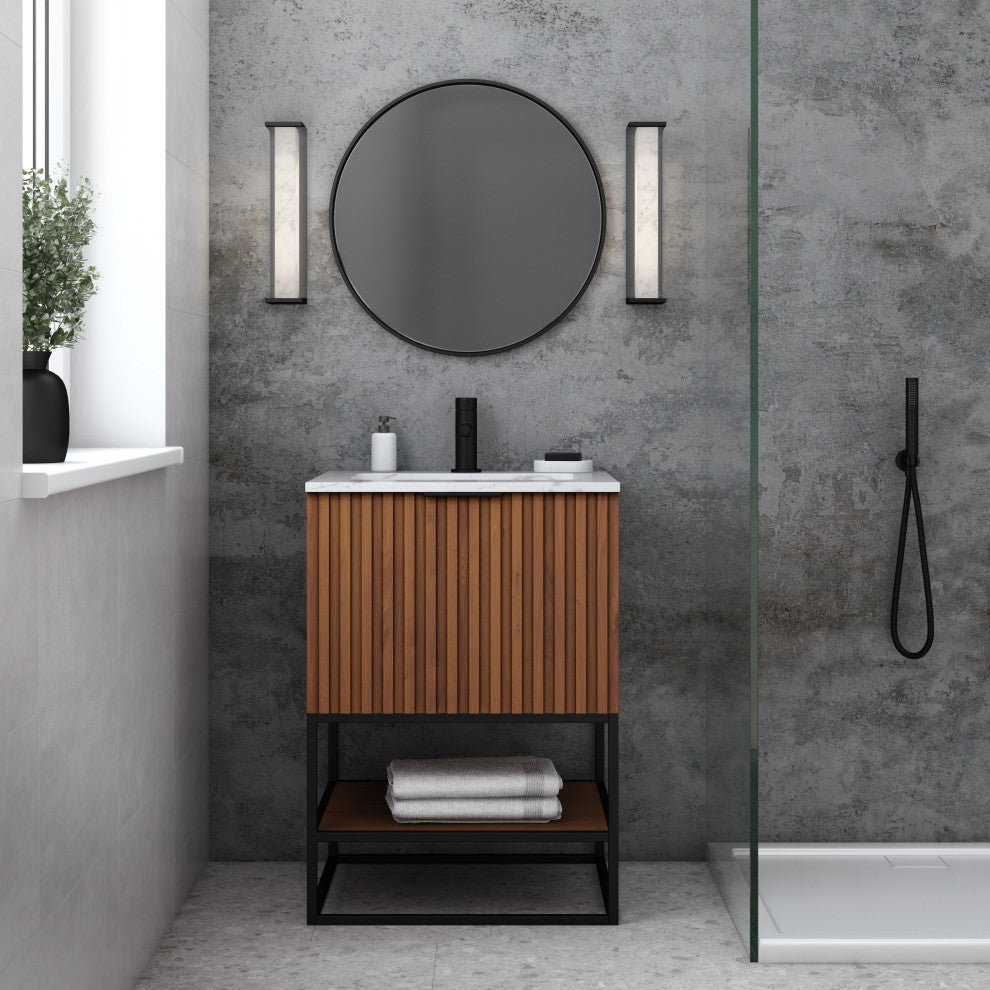 Terra Bathroom Vanity, Walnut/Matte Black With Carrara Marble, 24"