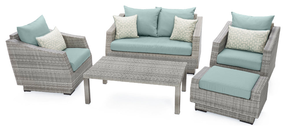 Cannes 5 Piece Sunbrella Outdoor Patio Love and Club Seating Set, Spa Blue