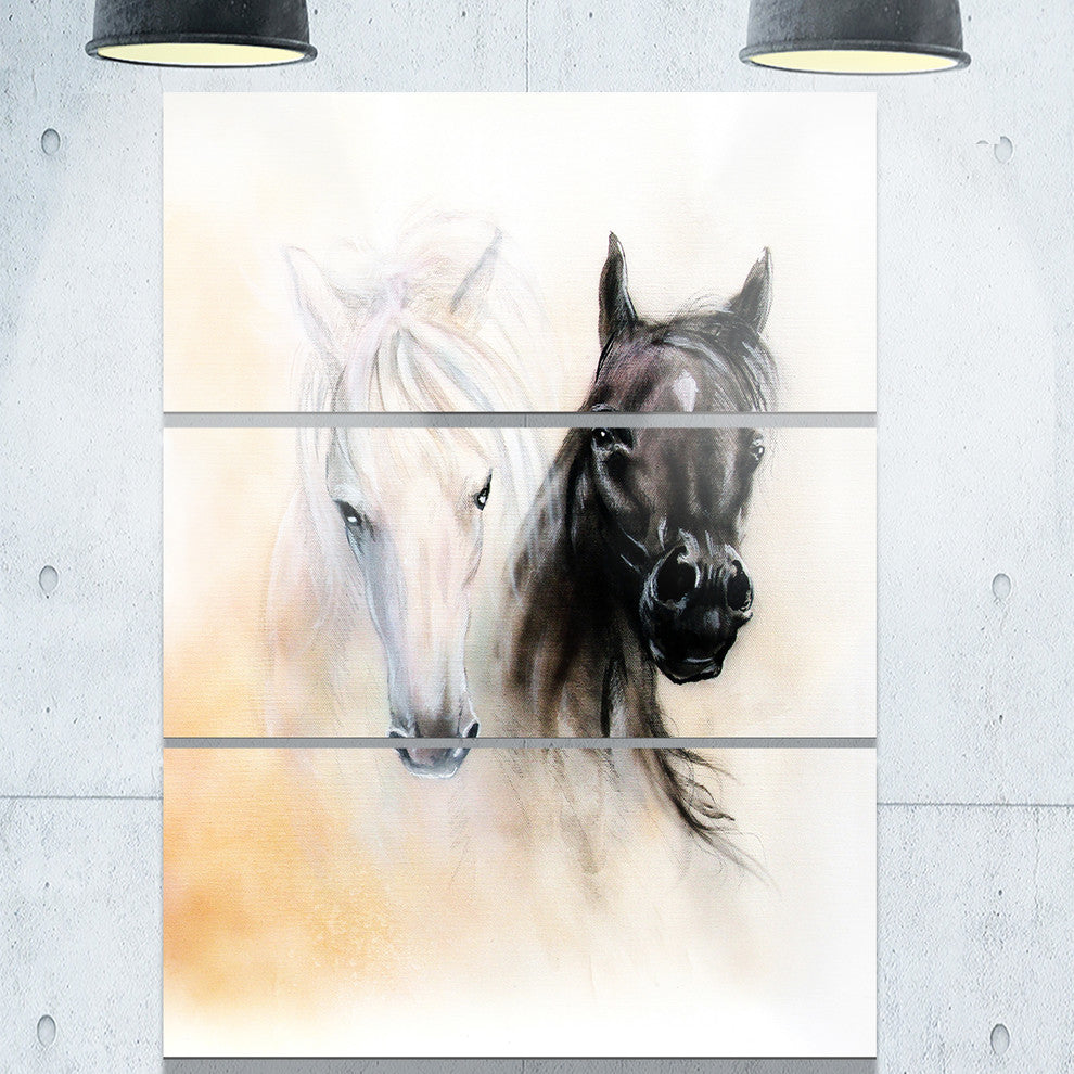 "Black and White Horse Heads" Glossy Metal Wall Art, 3 Panels, 28"x36"