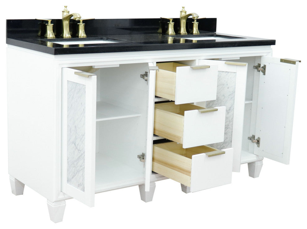 61" Double Sink Vanity, White Finish With Black Galaxy Granite