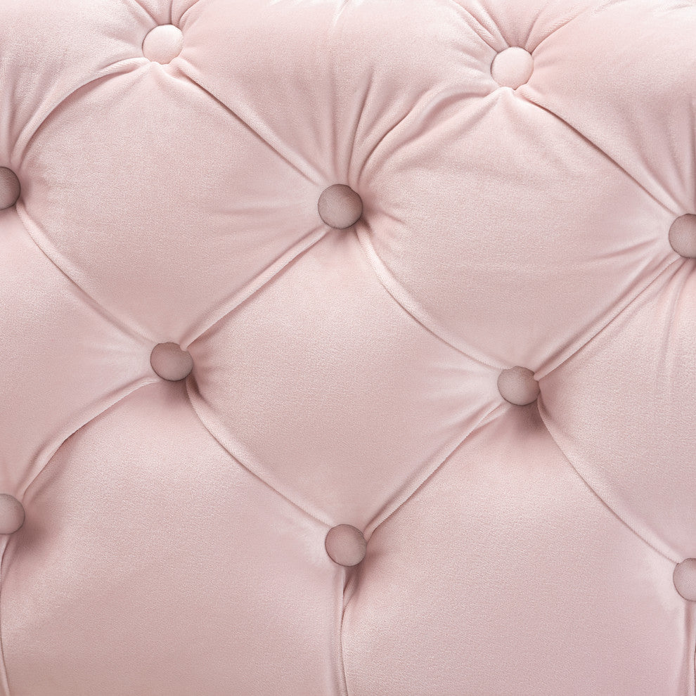 Kimberly Luxe Velvet Upholstered Gold Button Tufted Bench Ottoman, Light Pink