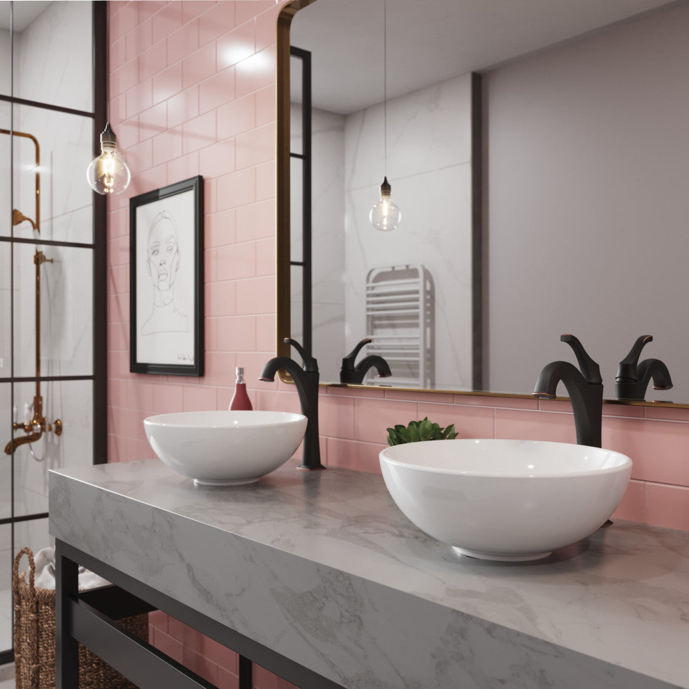Elavo Round Ceramic Vessel Sink, Bathroom Arlo Faucet, Drain, Oil Rub Bronze