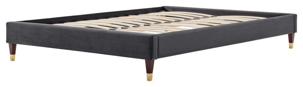 Platform Bed Frame, Twin Size, Velvet, Dark Grey Gray, Modern Contemporary