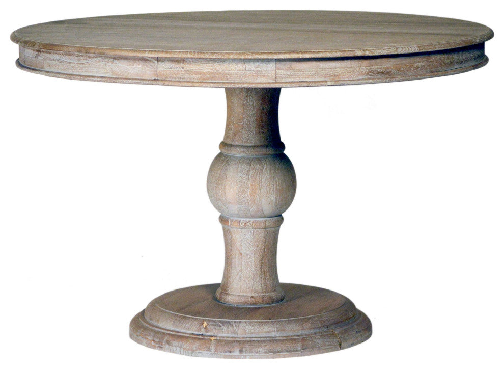 Auturo 47" Round Mango Wood Hand Carved Pedestal Light Wash Finish Dining Table