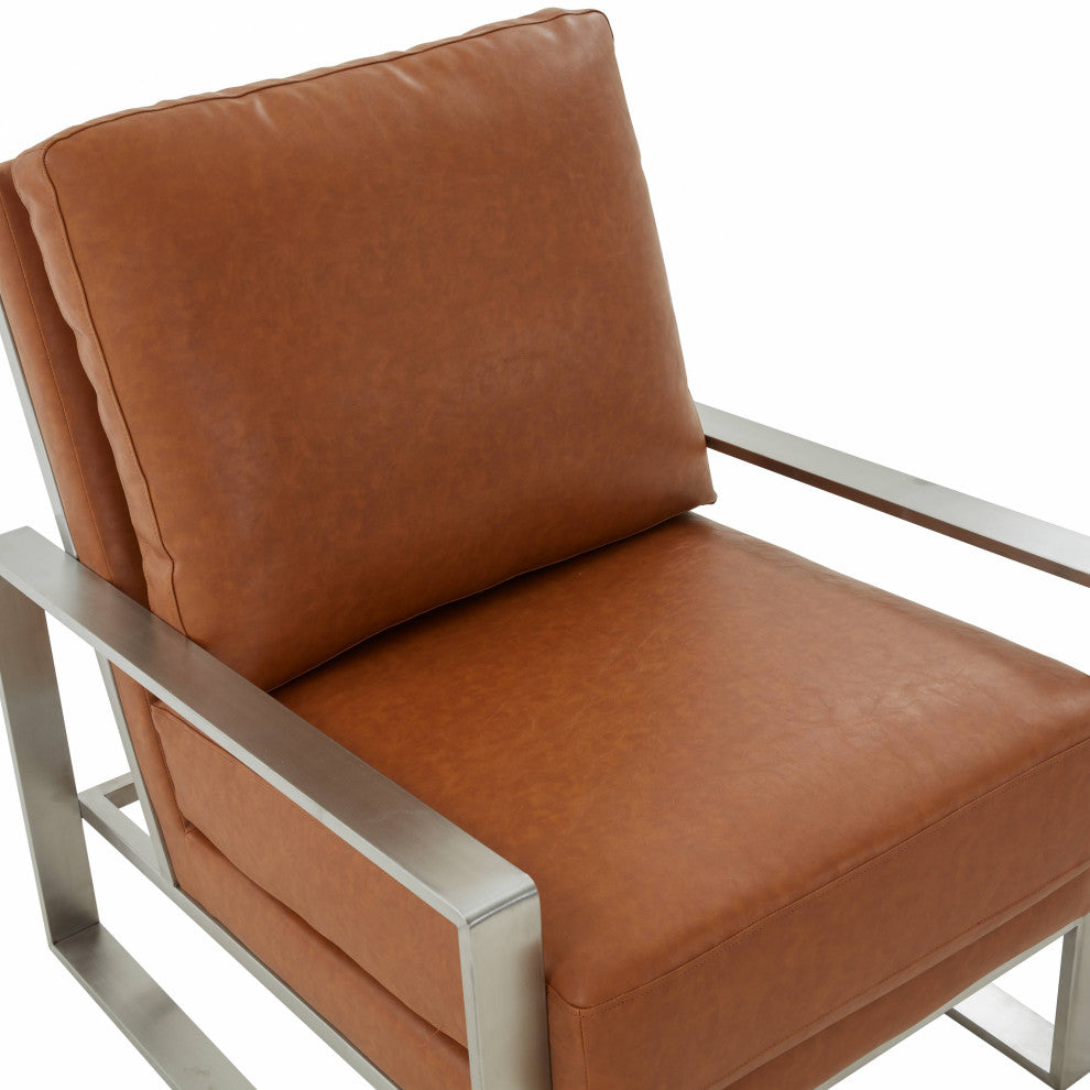 LeisureMod Jefferson Arm Chairs With Silver Frame and Coffee Table, Cognac Tan