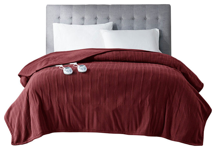 Serta Ribbed Micro Fleece Heated Blanket, Burgundy