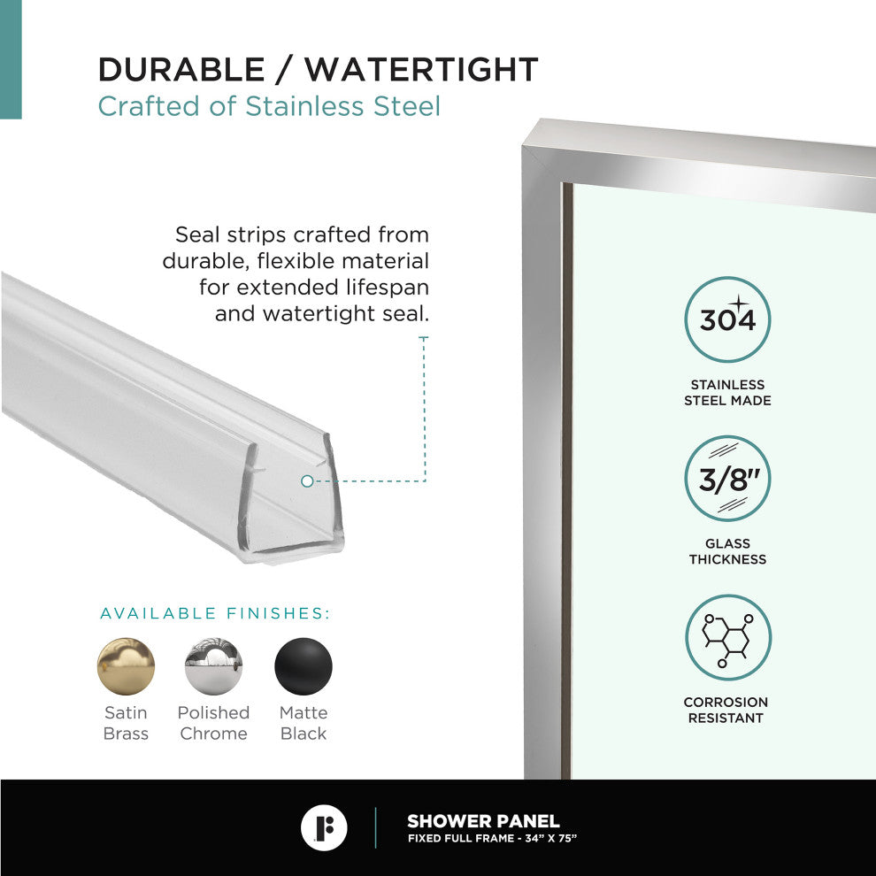 Single Fixed Glass Shower Panel - Clear Tempered Full Frame Shower Glass Door, Polished Chrome, 34"