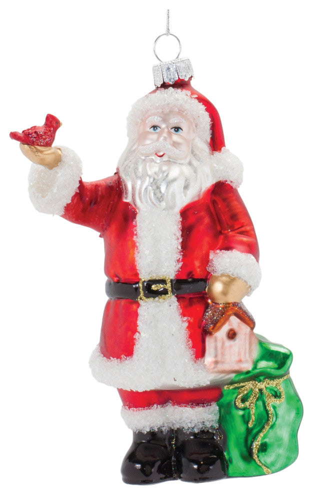 Glass Santa With Cardinal Bird Ornament, Set of 6