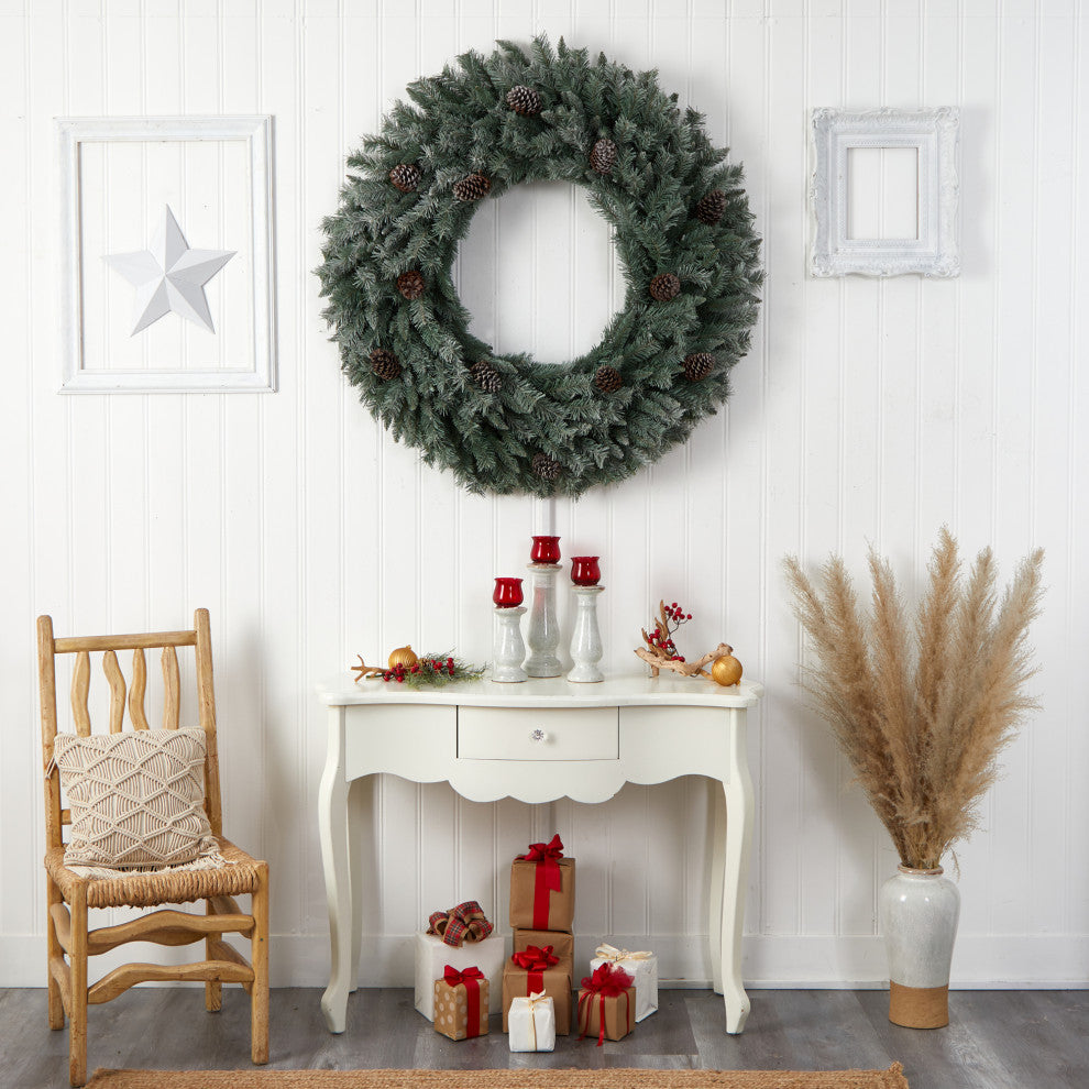 4' Large Flocked Faux Xmas Wreath W/Pinecones, Clear Lights & Bendable Branches