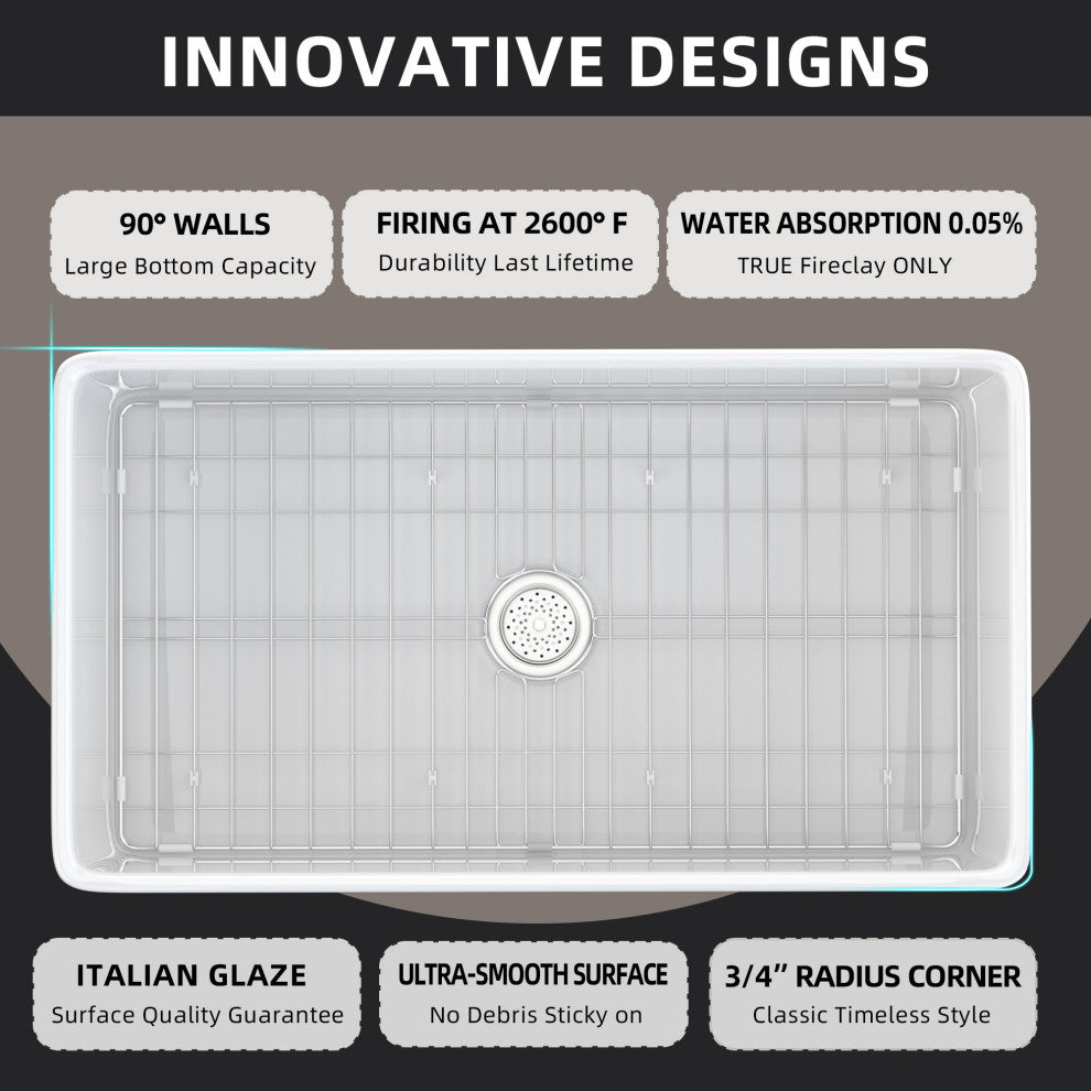 36"L x 20"W  White Single Bowl Fireclay Farmhouse Kitchen Sink With Accessories