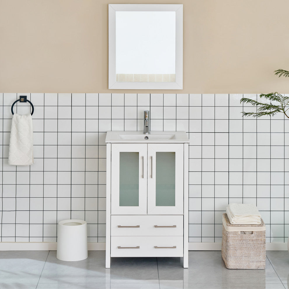 Vanity Art Vanity Set With Ceramic Top, 24", White, Led Touch-Switch Mirror