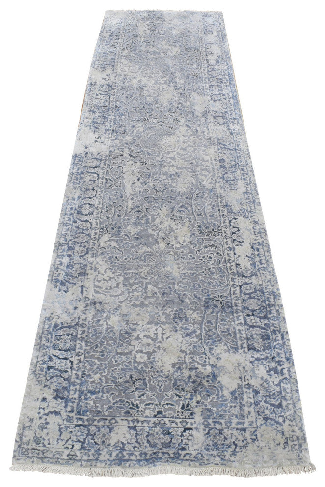Battleship Gray Broken and Erased Pure Silk Hand Knotted Runner Rug 2'5"x10'