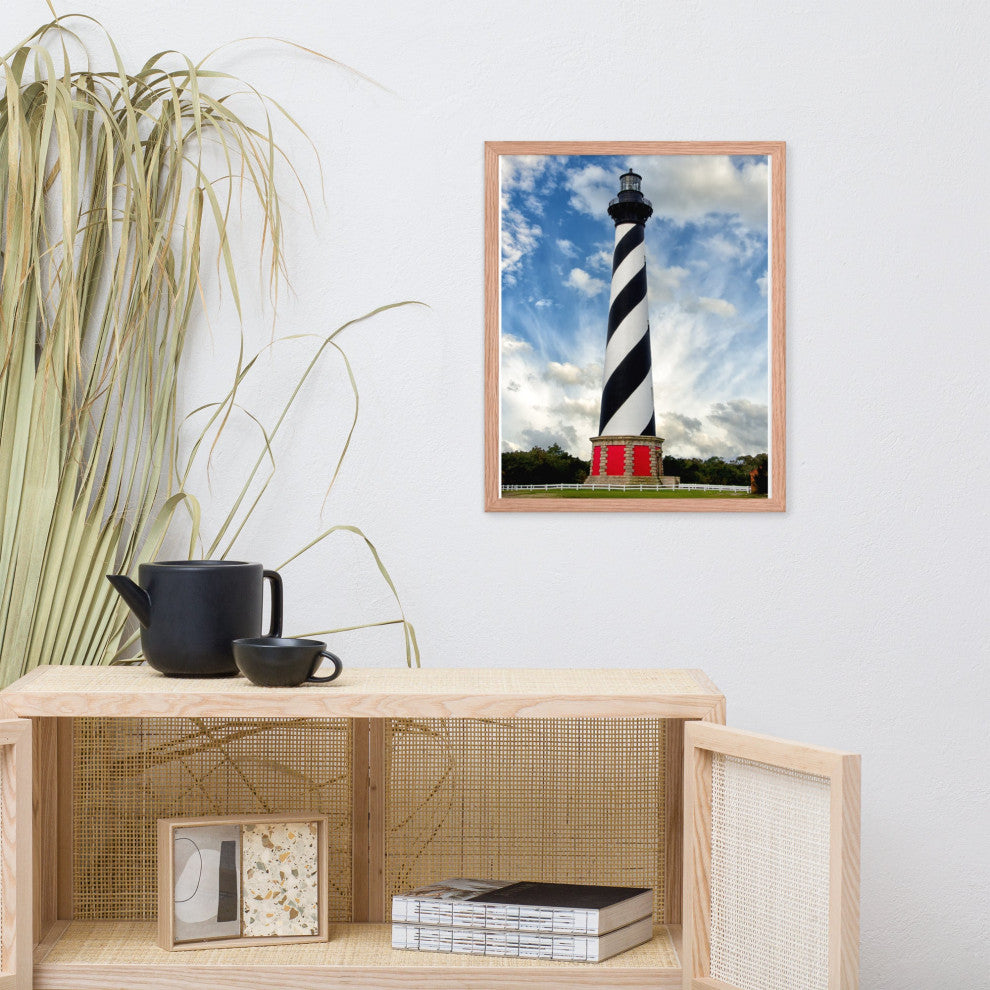 Cape Hatteras Lighthouse Coastal Landscape Framed Photo Paper Wall Art Prints, Red Oak, 16" X 20"
