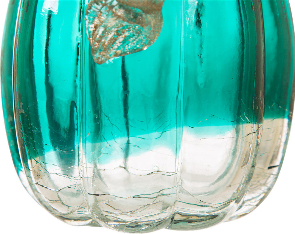 Handblown Turquoise Crackle Oblate Glass Pumpkin