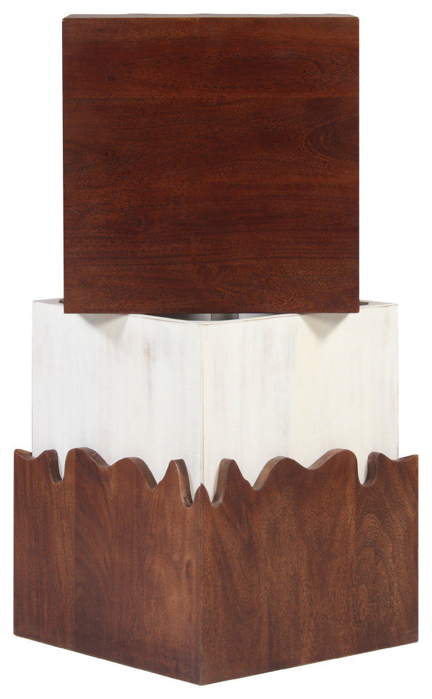 Benzara UPT-270550 Acacia Wood Side End Table, Block Pedestal, Walnut, White