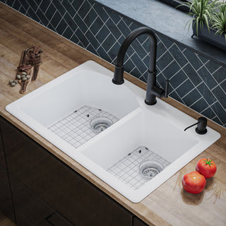 Karran Drop-In Quartz 33" 1-Hole 60/40 Double Bowl Sink Kit, White