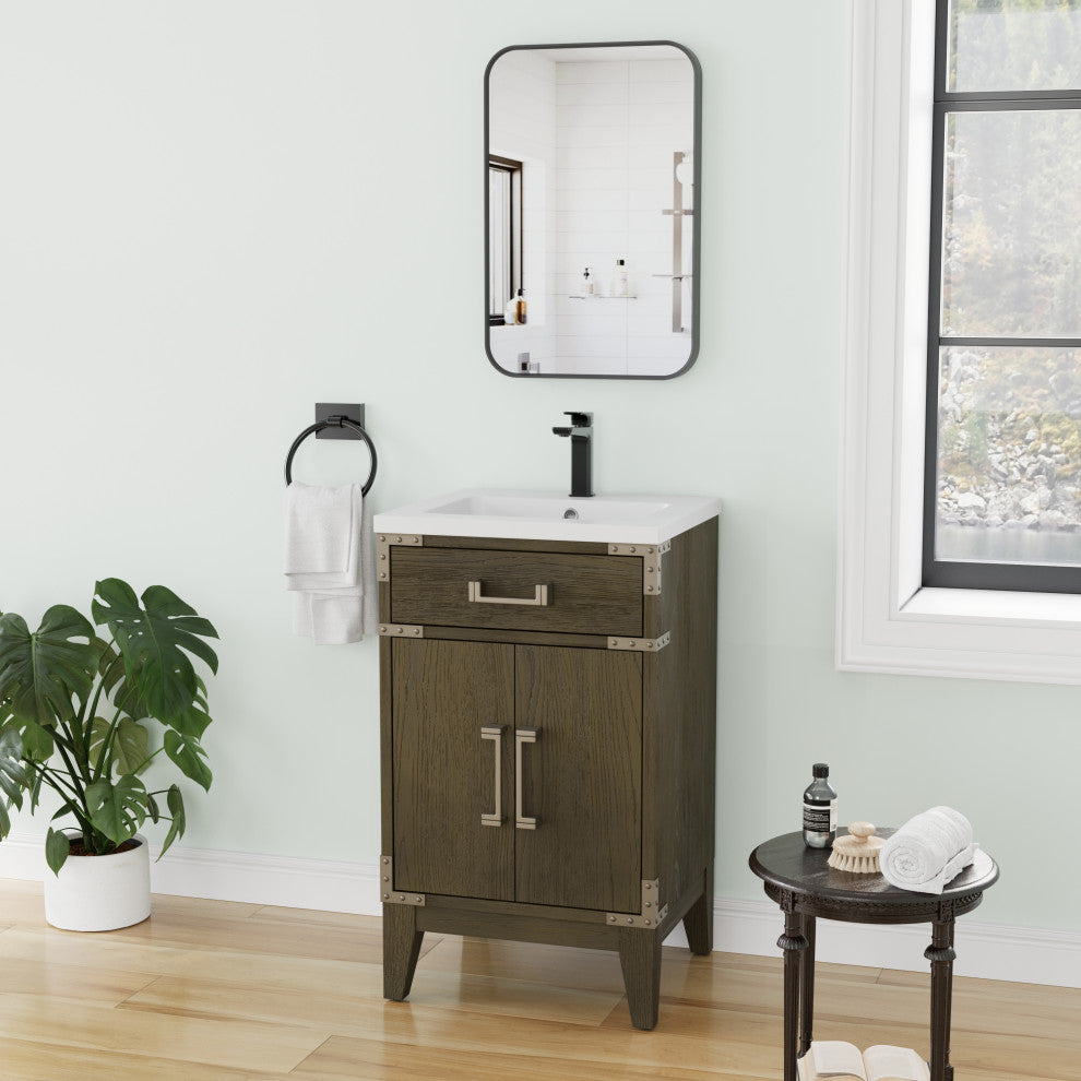 Freestanding Single Bathroom Vanity with White Resin Top, Grey Oak, 20"