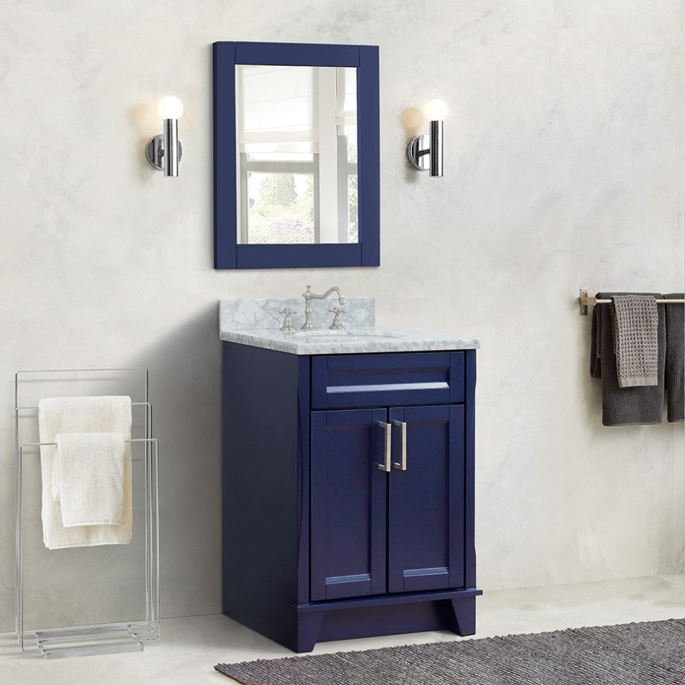 25" Single Sink Vanity, Blue Finish With White Carrara Marble And Oval Sink