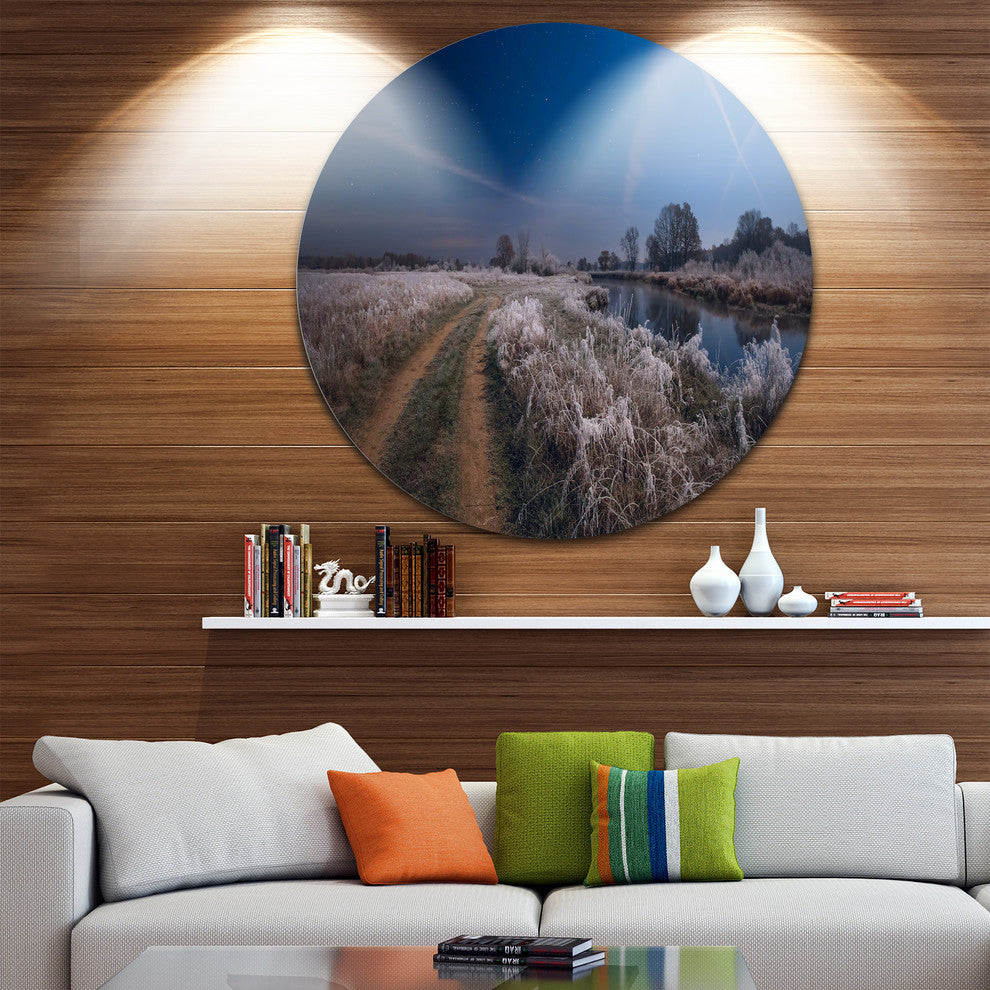 Frosty Fall Night In Moonlight, Landscape Round Metal Wall Art, 23"