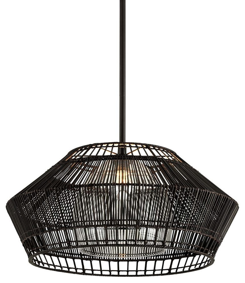 Hunters Point 1-Light Pendant, Espresso, Woven Rattan, Clear Glass Shade, 28"