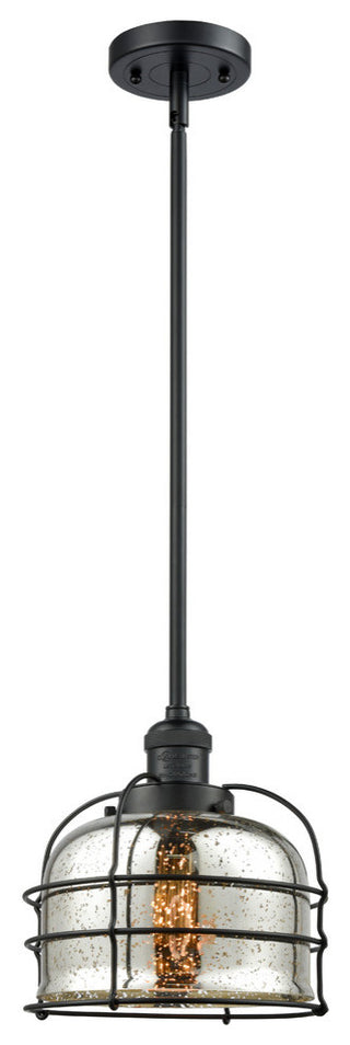 1-Light Large Bell Cage 8" Pendant, Matte Black, Glass: Silver Mercury