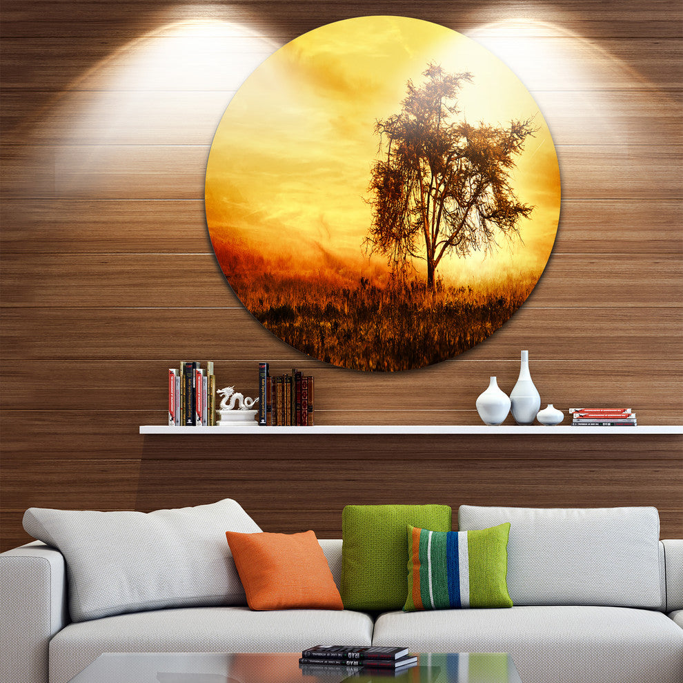 African Tree Silhouette, Landscape Photo Large Disc Metal Wall Art, 36"