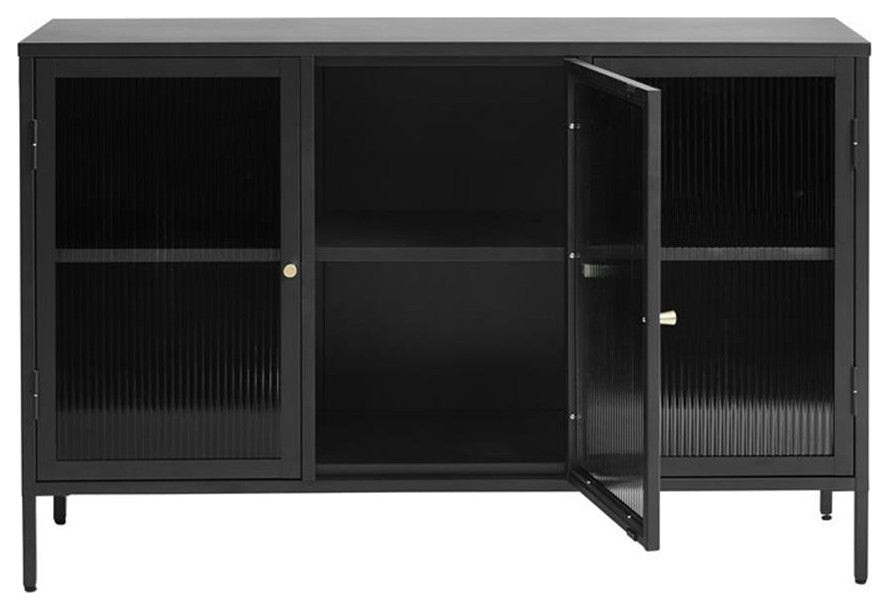 U3-Door Contemporary Glass & Metal Sideboard in Black