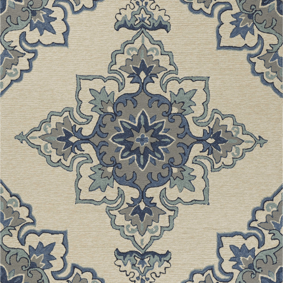 5' X 7' Ivory Or Blue Vines Bordered Uv Treated Indoor Outdoor Area Rug