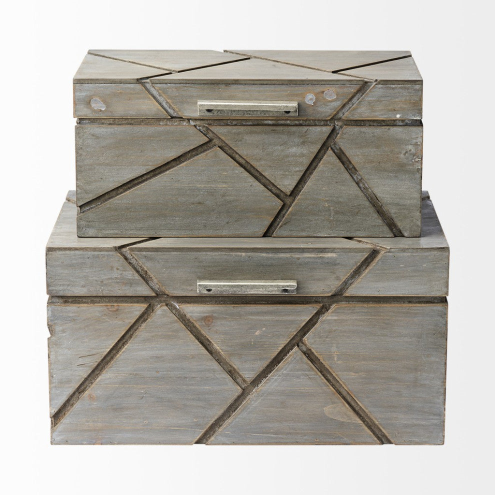 Set of Two Gray Wooden Boxes With Carved Details