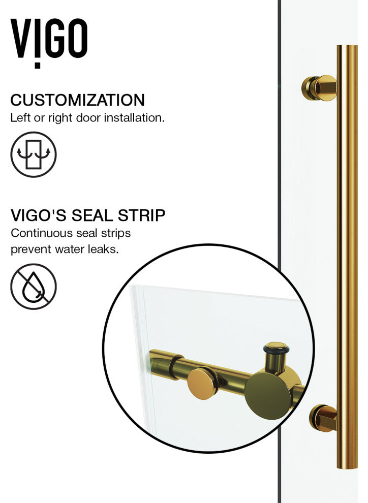 VIGO Elan 64" to 68" W x 74" H Frameless Sliding Shower Door, Matte Gold, Clear Glass