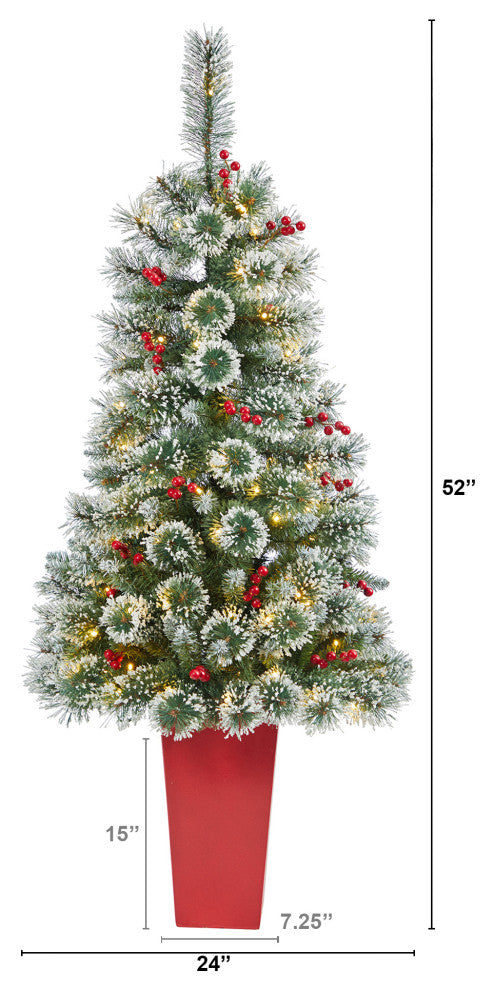 52" Frosted Swiss Pine Faux Xmas Tree W/100 Clear Lights & Berries, Red Planter