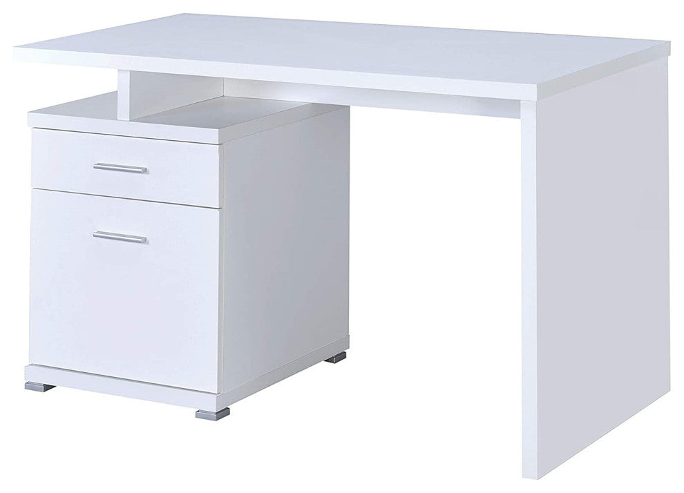 Contemporary Desk, Storage Drawers With Bar Pulls and Small Open Shelf, White