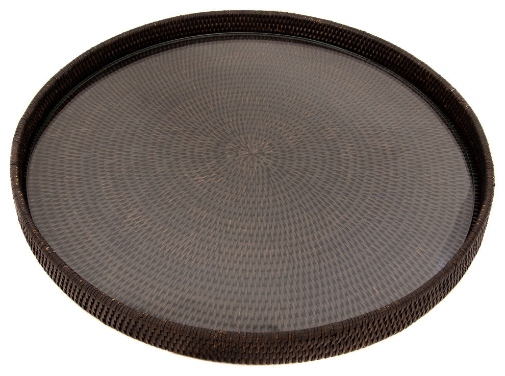 Artifacts Rattan™ Round Serving-Ottoman Tray with Glass Insert, Tudor Black, 19" Diameter