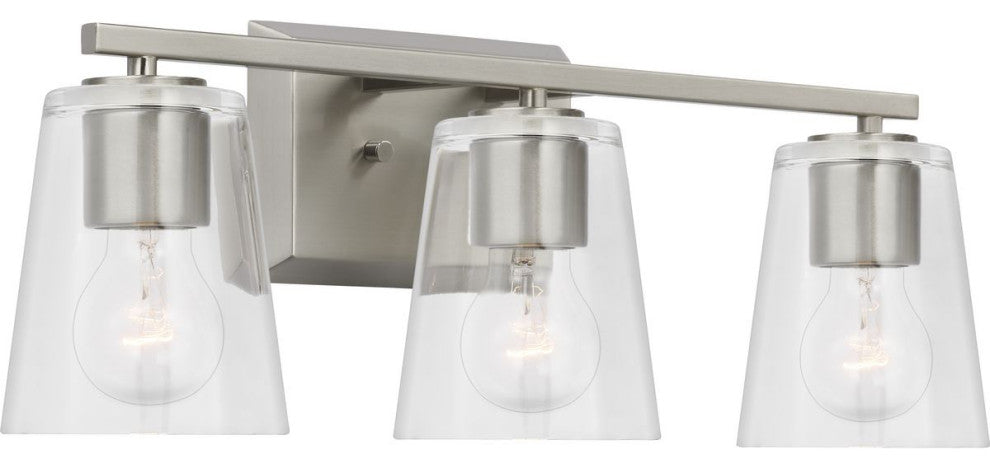 Vertex Collection Three-Light Brushed Nickel Clear Glass Contemporary Bath Light
