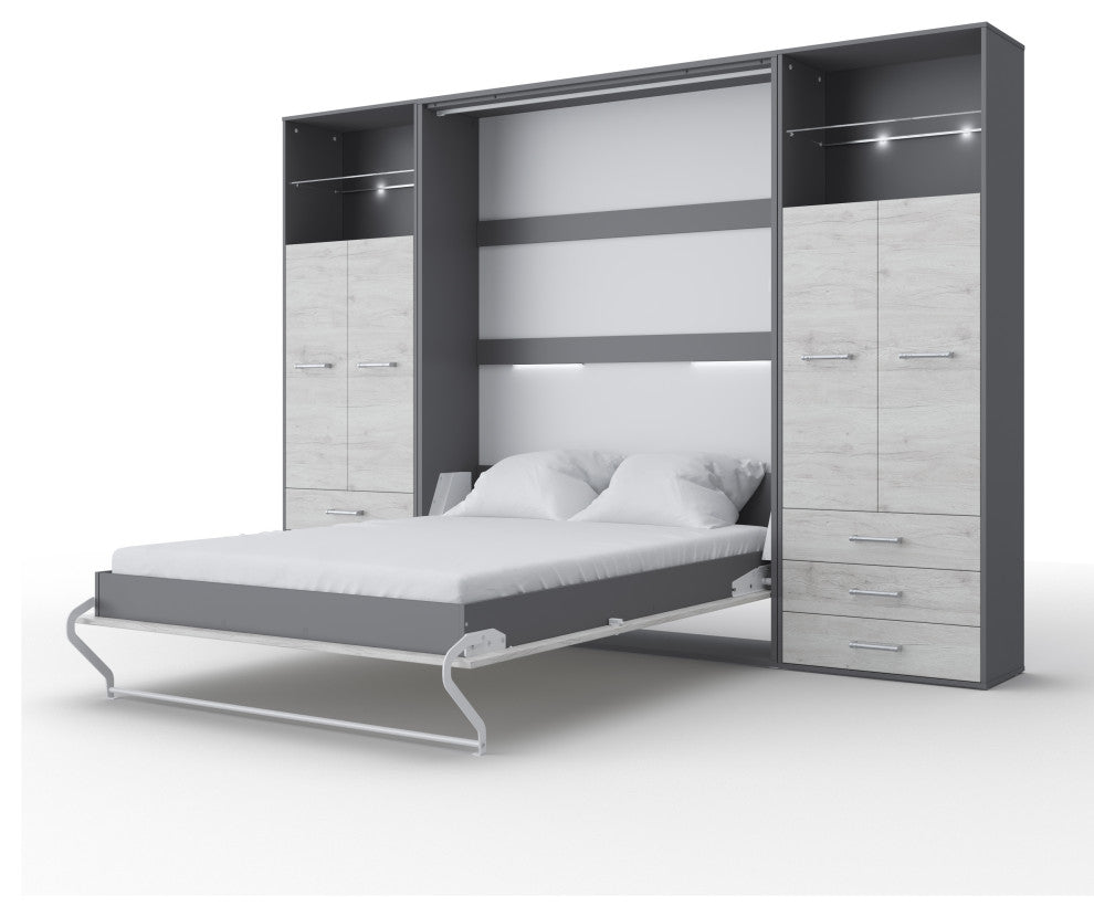 Contempo Vertical Wall Bed, Queen Size with 2 cabinets, Grey/White Monaco