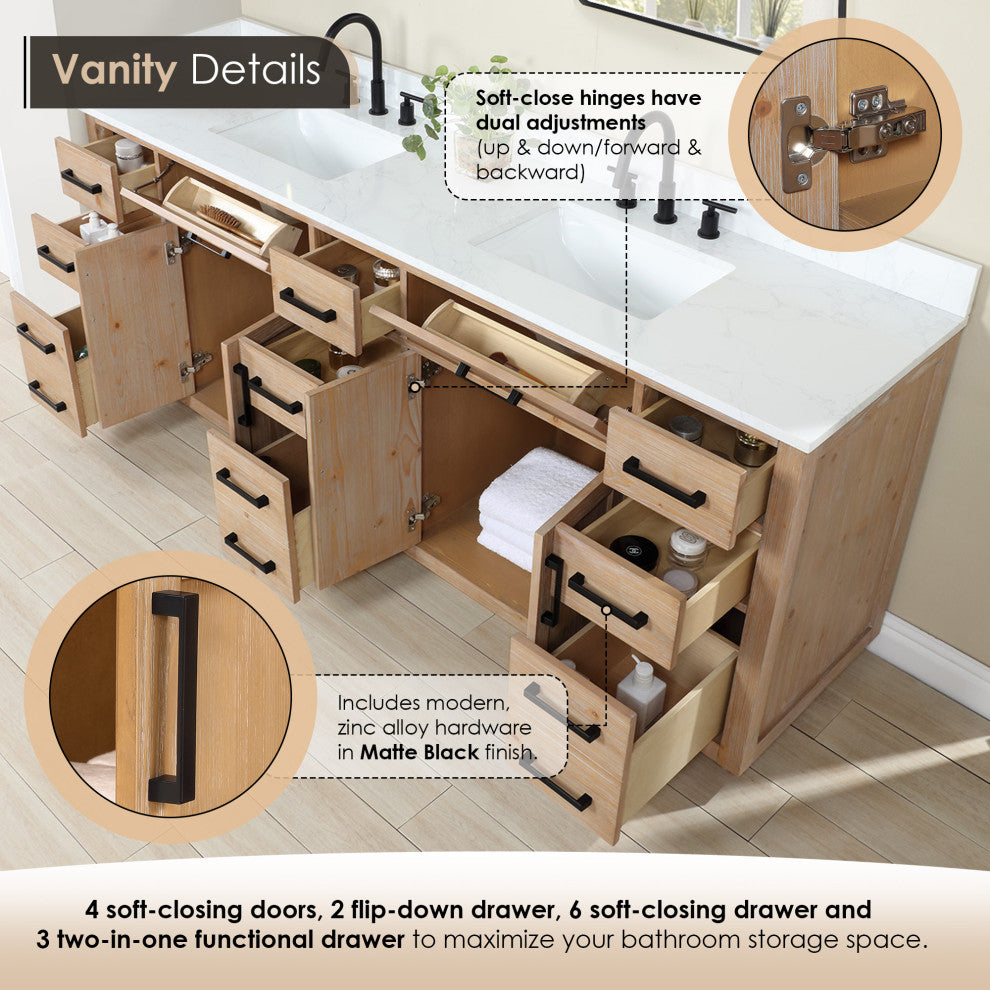 Gavino Vanity With Grain White Composite Stone Top, Light Brown/Matte Black, 84", No Mirror