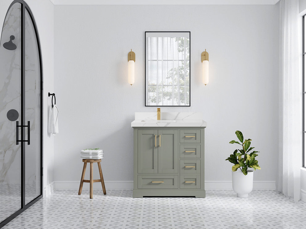 Boston 36 Left Offset Bath Vanity in Evergreen 2" Calacatta Laza