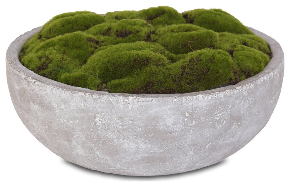 Artificial Fake Moss Arrangement, Round Stone Wash Cement Bowl