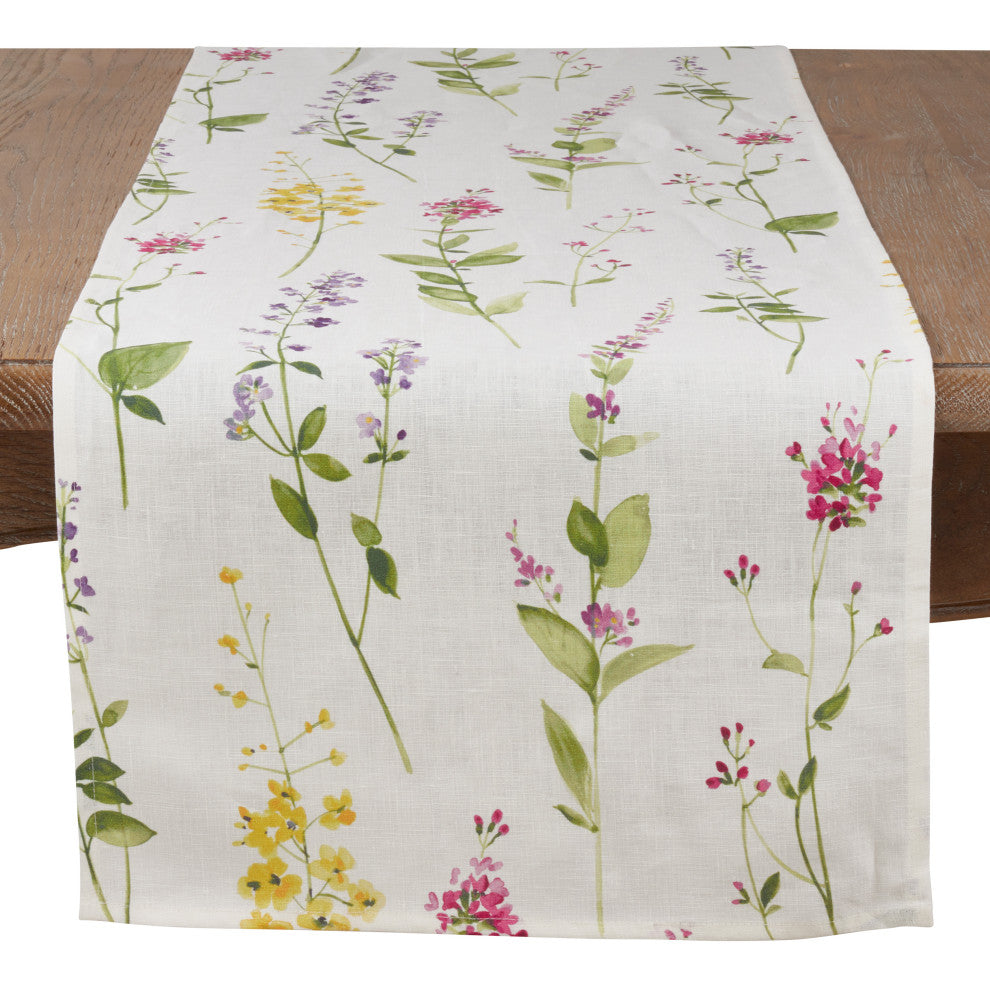 Linen Table Runner With Watercolor Floral Stem Design, Off-White, 16"x72"