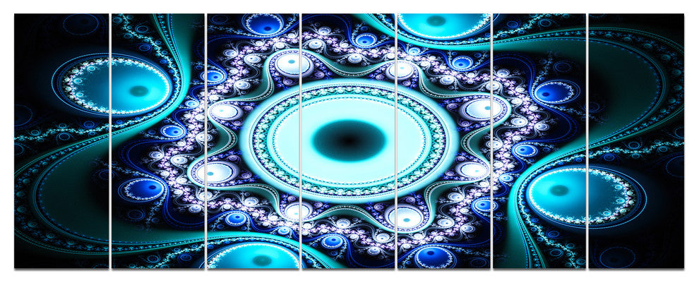 Turquoise Fractal Pattern with Circles, Abstract Canvas Print, 83"x32", 7 Panels