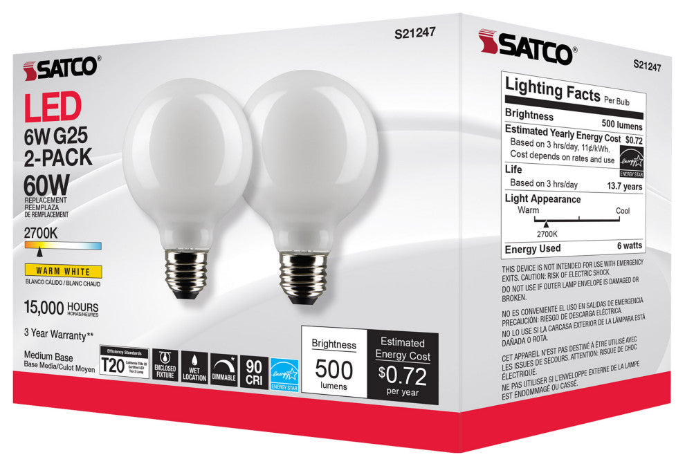 6W G25 LED, White, Medium Base, 90 CRI, 2700K, 120V, 2 Pack