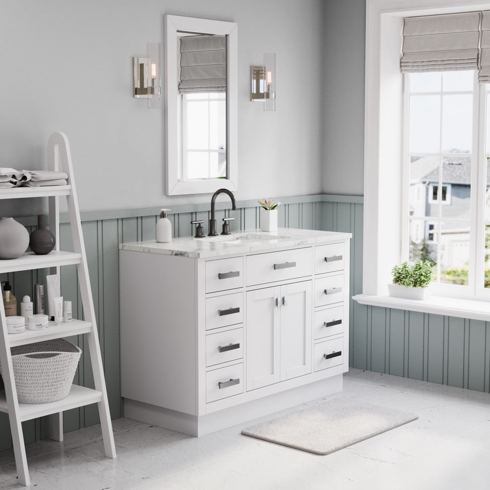 Hartford 48" Single Sink Marble Countertop Bath Vanity, White, Vanity With Mirror