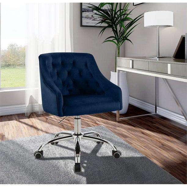 Elegant Office Chair, Velvet Seat & Buttonless Tufted Round Back, Navy/Chrome