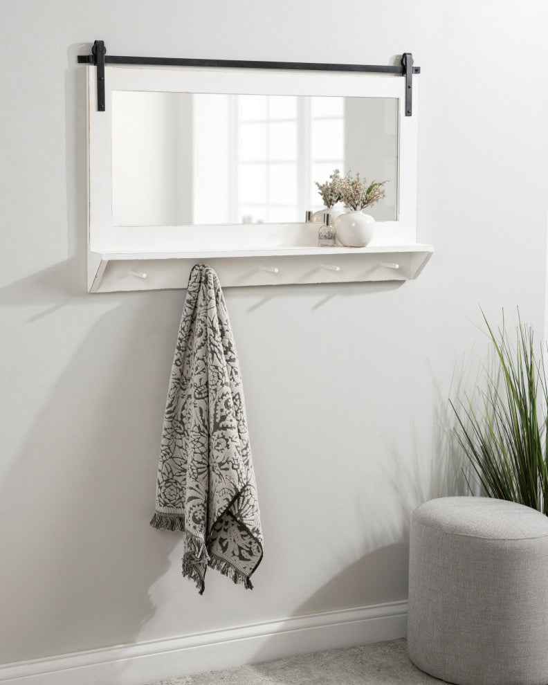 Cates Framed Wall Mirror with Shelf and Hooks, White 42x27